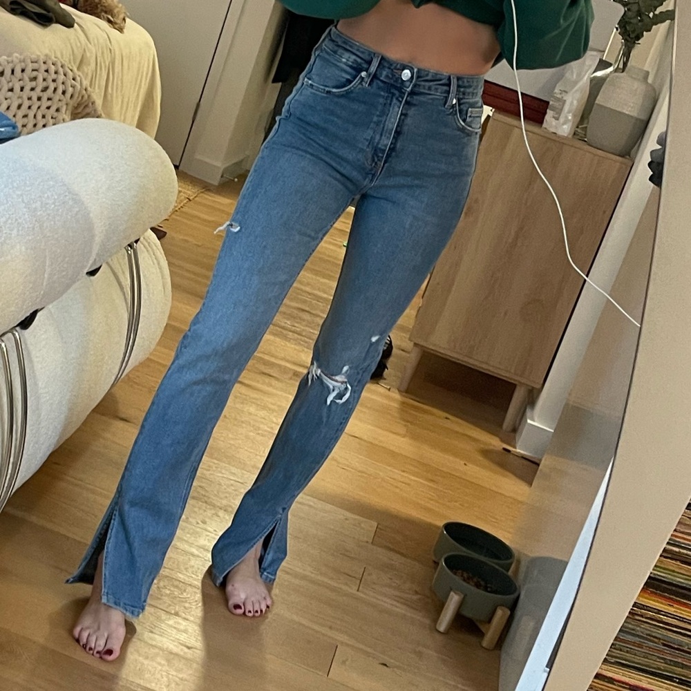 High-Waisted Jeans with Ankle Slit